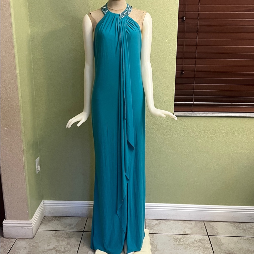 Betsy & Adam Turquoise Halter Maxi Dress